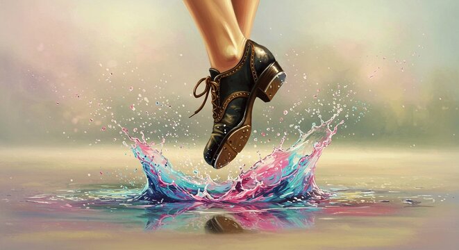 A tap shoe makes a splash in a puddle, creating colorful water droplets and a dynamic sense of movement.
