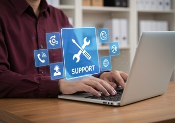 Technical support and customer service concept. Woman using laptop with support icons, representing technical assistance, customer service, and 24/7 help solutions in business. call center, help desk,