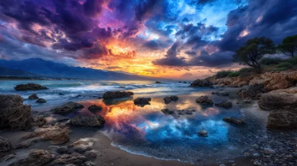 Printed kitchen splashbacks Dramatic sunset over a rocky beach, with vibrant colors reflected in the calm water