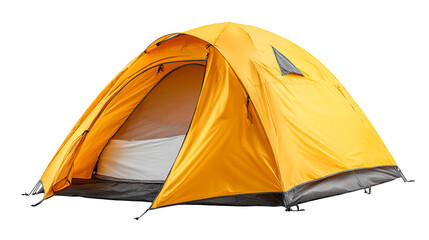 A bright yellow camping tent pitched and ready for outdoor adventures on a transparent area on transparent background