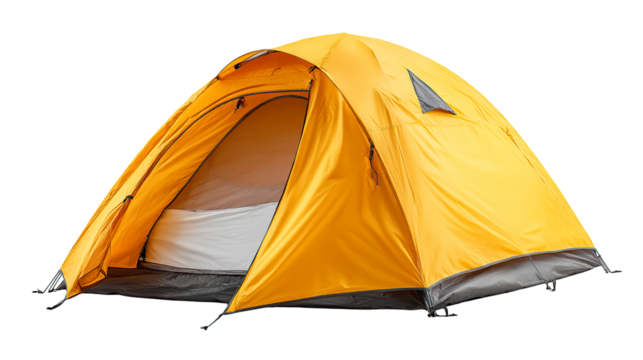 A bright yellow camping tent pitched and ready for outdoor adventures on a transparent area on transparent background - Powered by Adobe