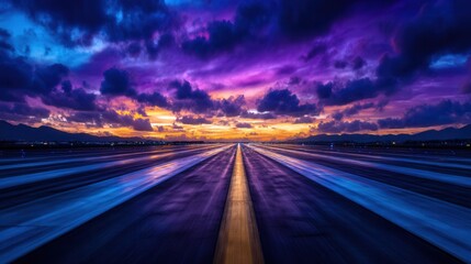 Obraz premium Sunrise over a runway. Vibrant sunset colours over an airport runway