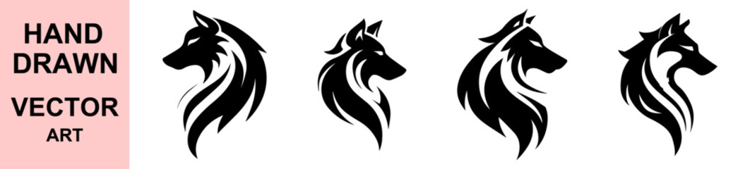 Stylized Hand Drawn Vector Wolf Head Silhouette Logos for Tribal Tattoo, Branding, Mascot, or Outdoor Adventure Graphic Designs