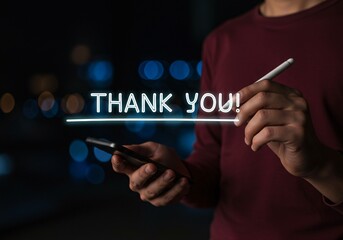 Thank You Message and Business Appreciation Concept. Woman draws text THANK YOU! in air, representing gratitude, congratulations, and professional appreciation in business or customer service context.