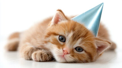 Cute orange kitten wearing a birthday hat. Cute and adorable cat