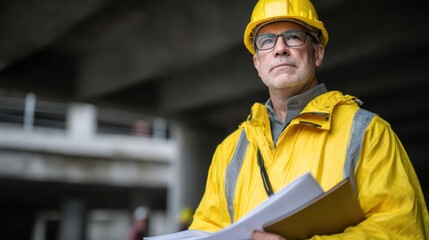 Engineer in yellow safety clothes indoors with construction plans and drawings