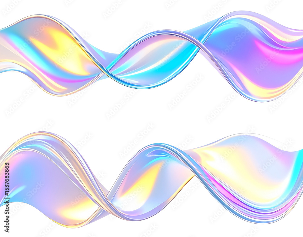 Poster two iridescent flowing ribbons with dynamic color gradients and reflective edges