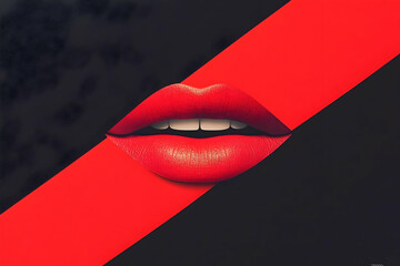 Fototapeta premium Red lips against a diagonal black and red backdrop.