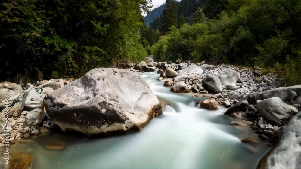 Poster swift river current flowing around gray rocks surrounded by dense green forest in a peaceful nature 