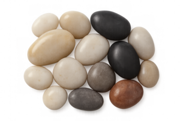 Group of smooth, polished stones in various colors, creating a visually appealing pile, isolated on a transparent background