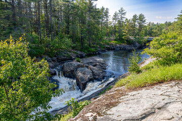 Beautiful scene of Victoria Falls in Washago, Ontario, showcasing serene nature and flowing waters amidst lush greenery.