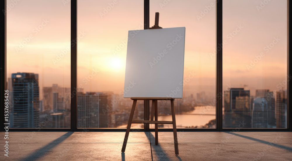 Aufkleber empty canvas on easel stands in front of large window with cityscape view at sunset