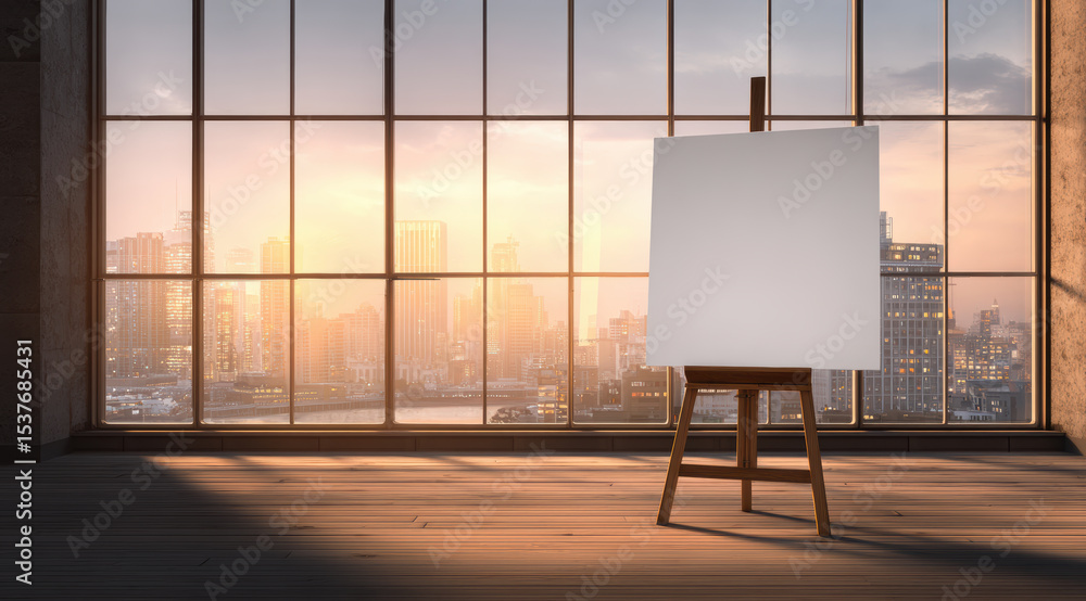 Poster empty canvas on easel stands in spacious room with large window overlooking cityscape at sunset