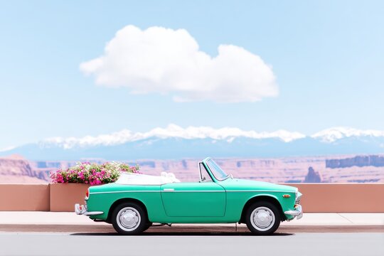 Fototapeta Turquoise Vintage Convertible Parked by Scenic Mountain Road