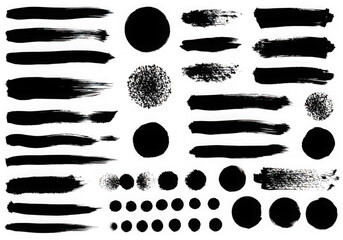 Collection of brush strokes and circles isolated on transparent background