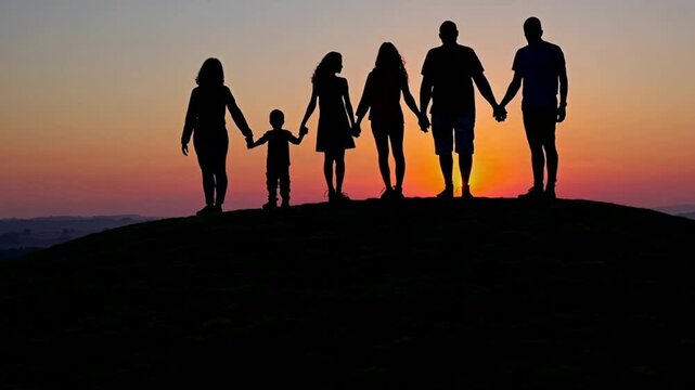 A family of six people are standing on a hillside at sunset
