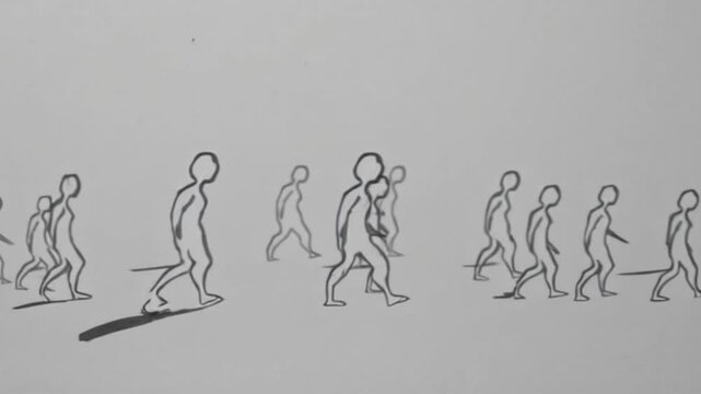 A drawing of five people walking down a sidewalk