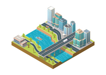 Isometric city with modern skyscraper buildings and beautiful big river