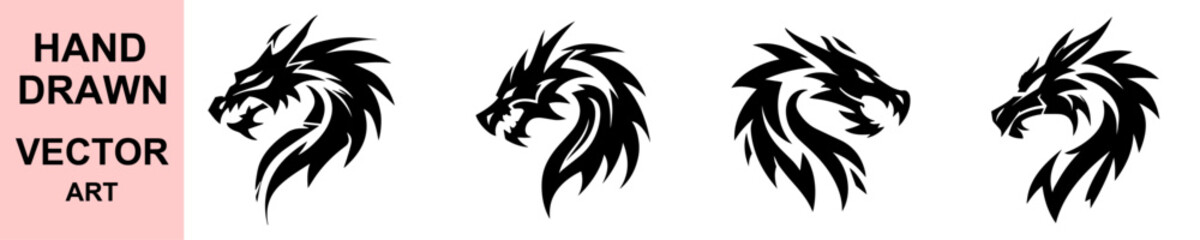 Hand drawn tribal dragon head vector illustrations set, aggressive fantasy reptile designs, tattoo style mythical creature graphics for logo, emblem, or decor use