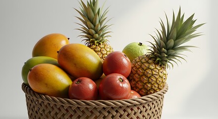A basket filled with a variety of fruits including mangoes pineapples and small red fruits on white background