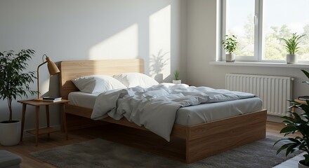 Fototapeta premium A bedroom with a wooden bed frame, white bedding, plants, and a lamp on a bedside table near a window