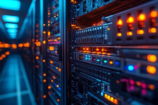 High tech server room infrastructure showing racks of servers and glowing lights with a blue hue