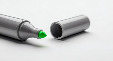 Close up of a gray marker with a green tip and its cap next to it