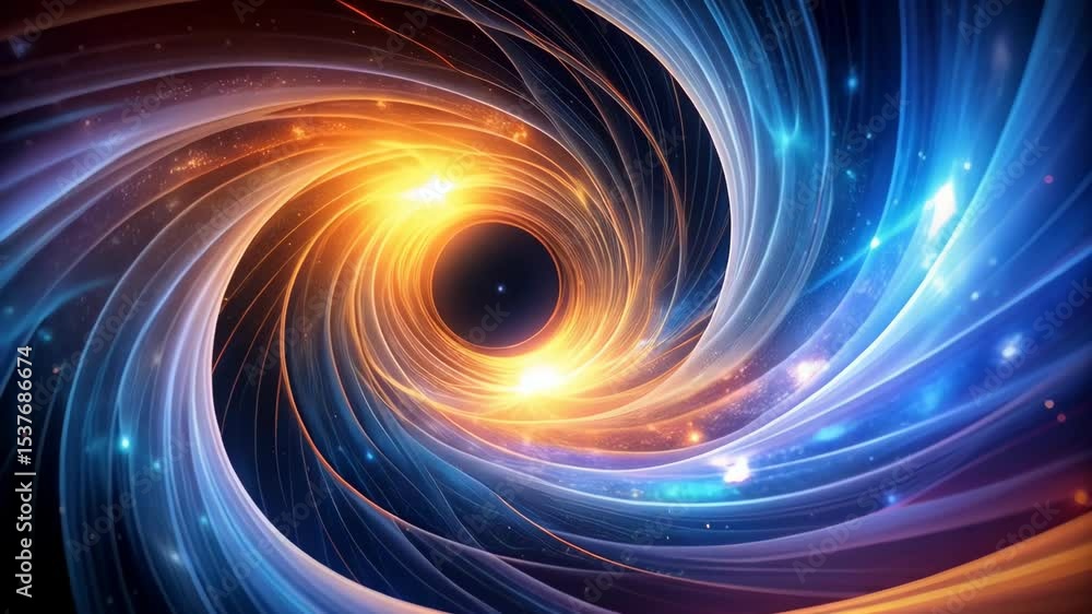 Poster abstract vortex design with swirling energy, blue and orange spectral lines creating a tunnel effect