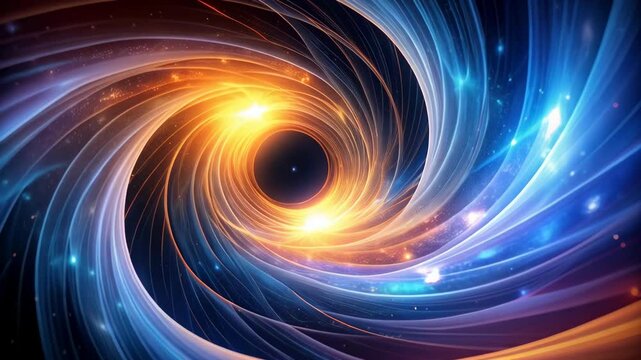 Abstract vortex design with swirling energy, blue and orange spectral lines creating a tunnel effect and cosmic digital art glow