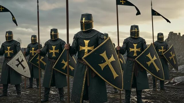 Medieval crusaders in armor. Historical war.