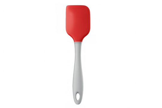 Kitchen spatula with red silicone head and white plastic handle on a transparent background, perfect for cooking and baking
