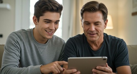 Father and son are bonding while looking at a tablet together. Smiling and having a good time