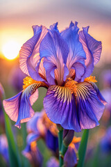 Botanical macro of blue iris bloom under clear afternoon sky with soft warm natural lighting aesthetic floral photography for wallpaper background