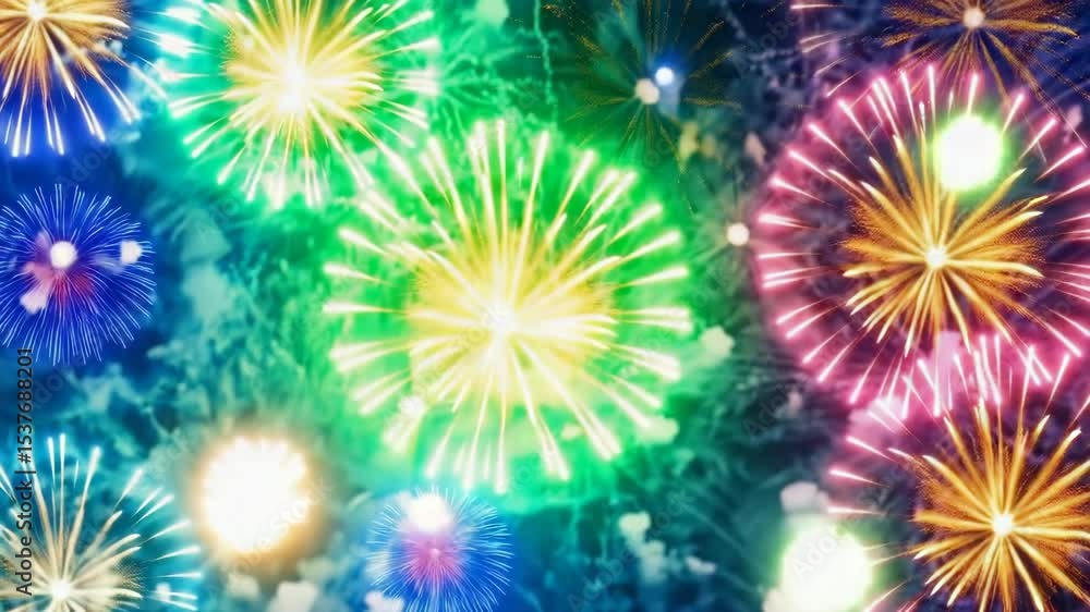 Poster colorful fireworks display burst in night sky showing celebration and joy. dynamic pyrotechnic explo