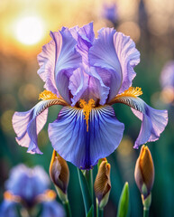 Closeup macro photo of blooming blue iris flower captured in golden hour soft natural light aesthetic floral photography for wallpaper background