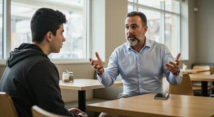 Two people are having a discussion at a table in a cafe or restaurant, gesturing with hands.