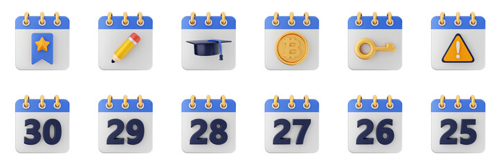 3d calendar schedule event reminder date month icon set bundle illustration