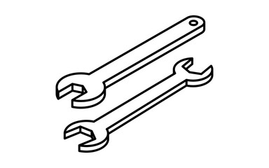 Simple and cute isometric line icon of spanner wrench for automotive maintenance and repair tools illustration, black and white