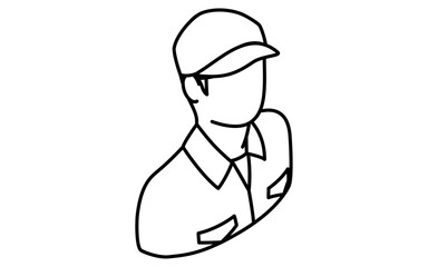 Isometric line illustration of upper body of car mechanic with cap and work uniform, simple design for automotive maintenance icon, black and white