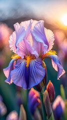 Detailed macro photo of blue iris flower blooming in natural afternoon light with vibrant colors aesthetic floral photography for wallpaper background