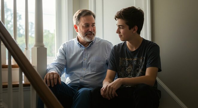 Father and son sharing a thoughtful moment while sitting together on the stairs in their home.