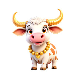 Cute cartoon cow illustration with golden horns and necklace for kids and animal lovers art on transparent background