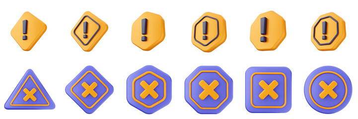 3d warning danger alert caution risk important sign icon set bundle illustration