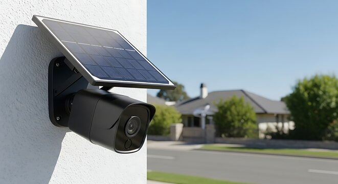 Solar-powered security camera on a building exterior. 