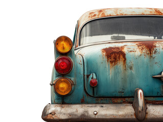 Old car with tail lights hanging, body rusting through, nostalgic feel, isolated on a Transparent background, PNG file.