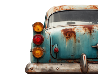 Old car with tail lights hanging, body rusting through, nostalgic feel, isolated on a Transparent background, PNG file.