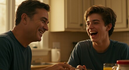 A father and son are at home having breakfast in the kitchen as they laugh together. Sunny morning.