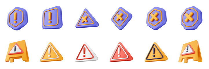 3d warning danger alert caution risk important sign icon set bundle illustration