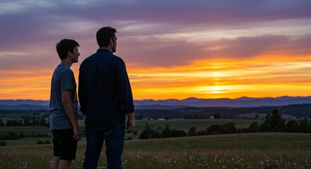 Father and son admire a beautiful sunset over the fields, sharing a moment of togetherness and wonder.