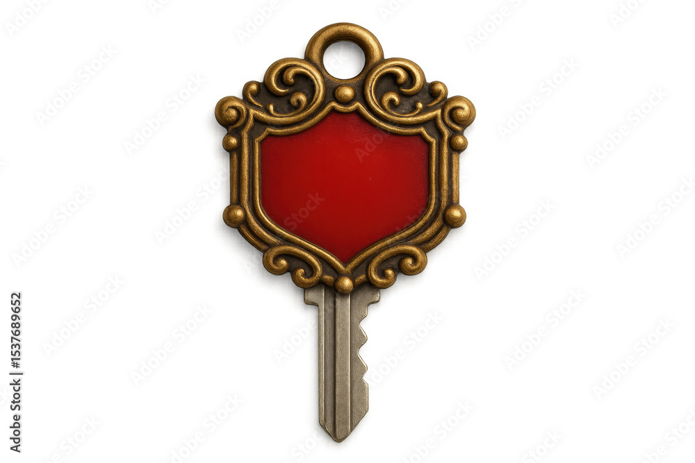 Poster old elegant key featuring a red shield-shaped crest, isolated on a transparent background, ideal for